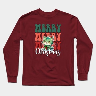 Retro Merry merry merry Christmas, green Christmas cat Long Sleeve T-Shirt